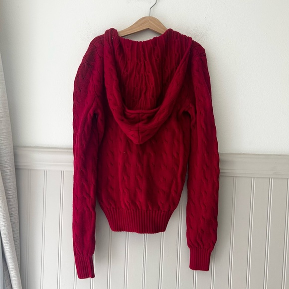 Y2K Ralph Lauren Sport XS Red Cable Knit Zip Up Hoodie Sweater - Picture 6 of 6